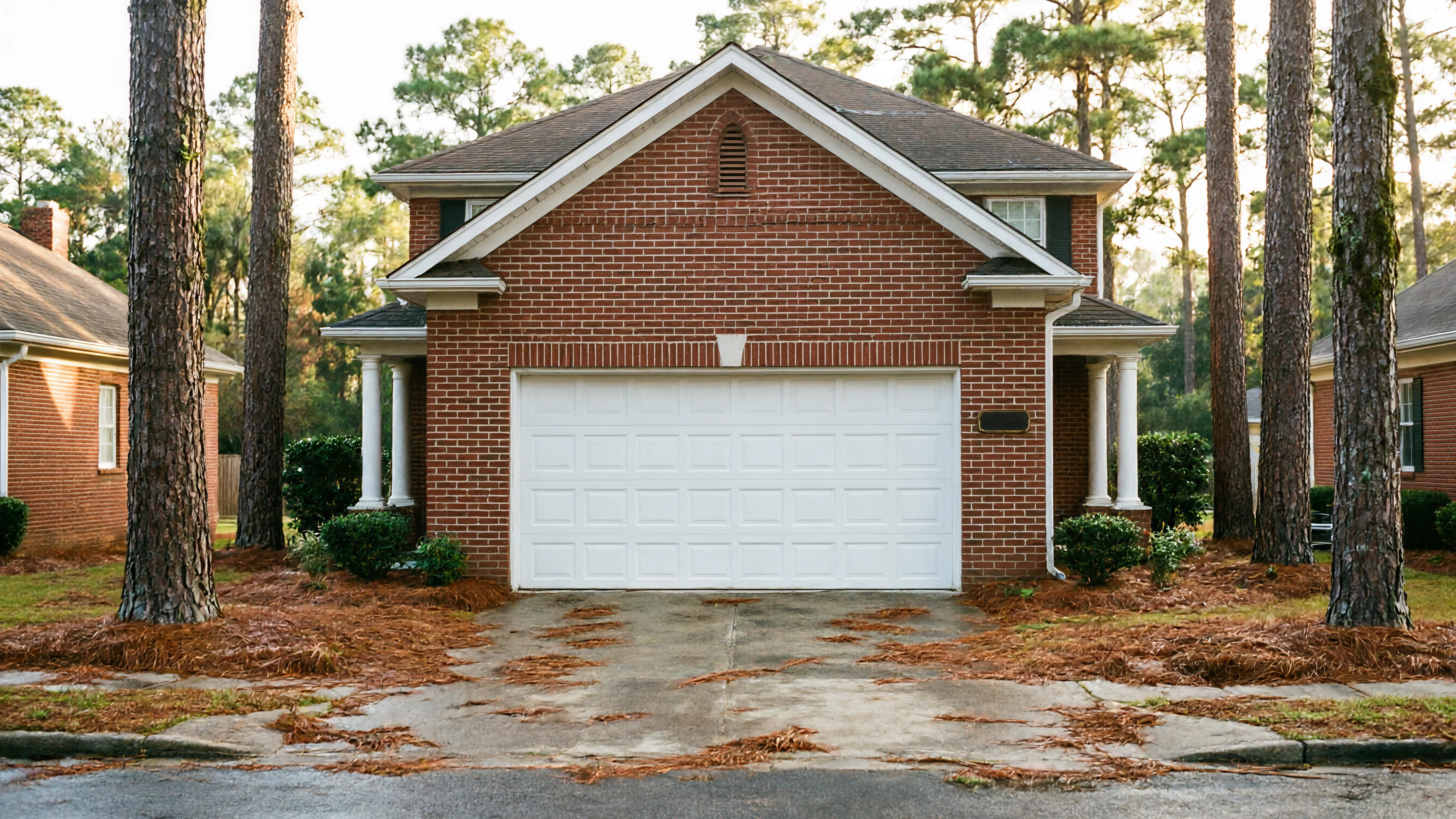A red brick house has a white garage door and a driveway covered in pine needles.
